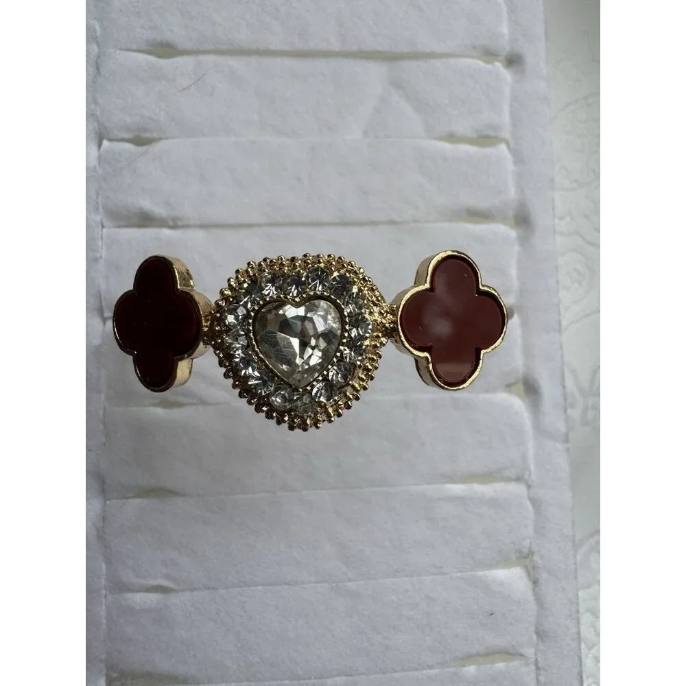 MINT Red Clover Rhinestone Heart Flower Goldtone Charm Bracelet NEW
